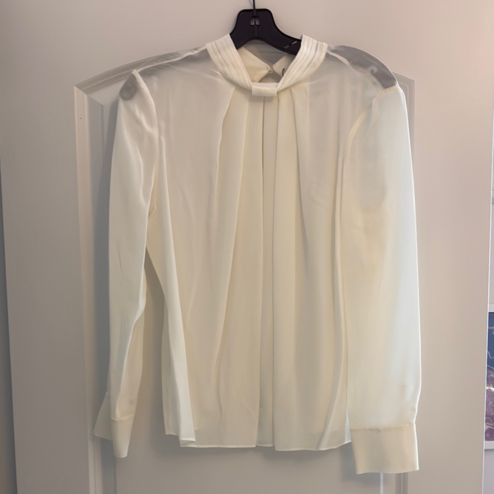 Alice + Olivia Cream Pleated Tie Front Blouse with Mandarin Collar